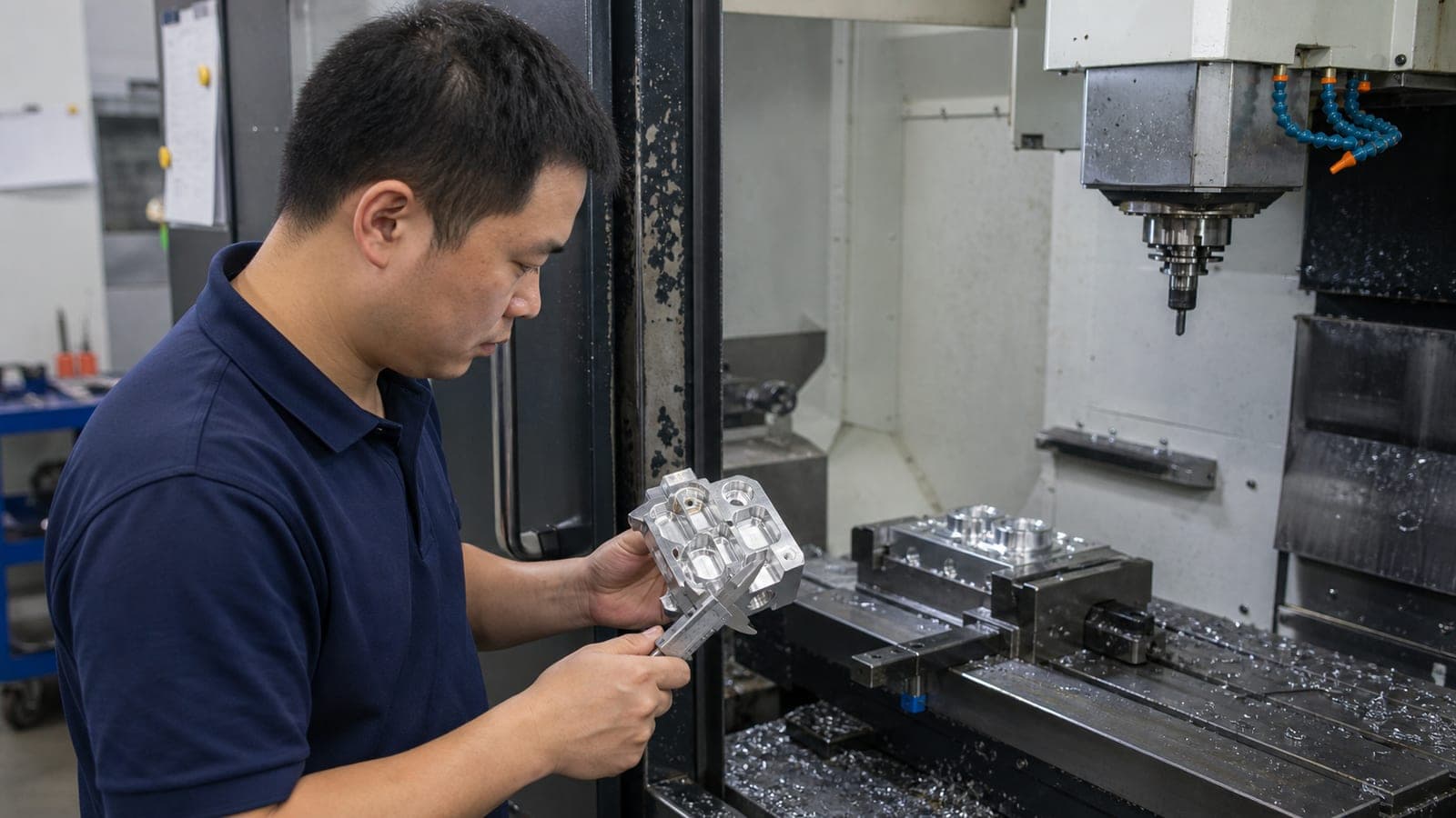 Operator measuring a machined part with calipers