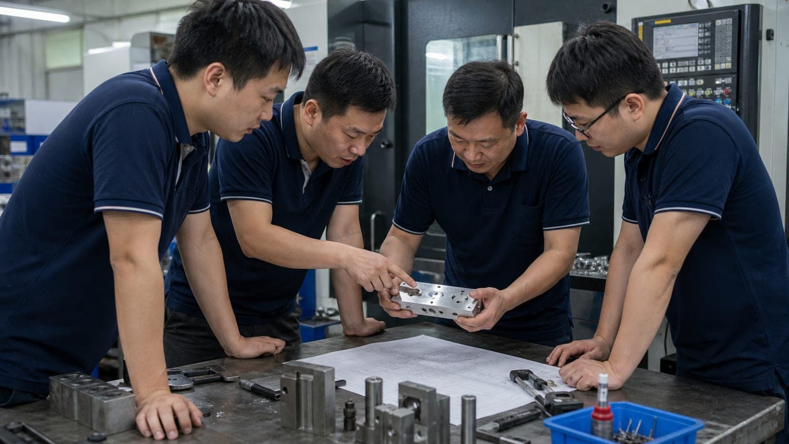 OrangeSea CNC engineers reviewing a machined part